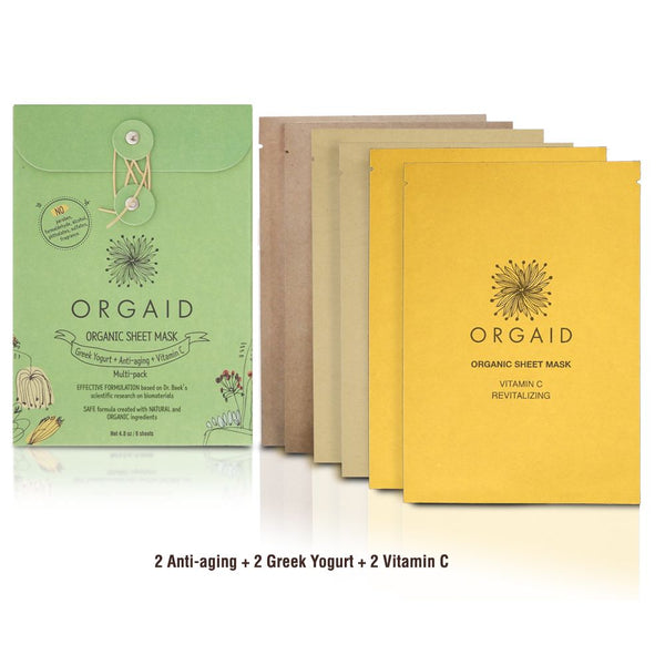 ORGAID Sheet Mask Multi-pack (2 Anti-aging / 2 Greek-yogurt / 2 Vitamin-C).